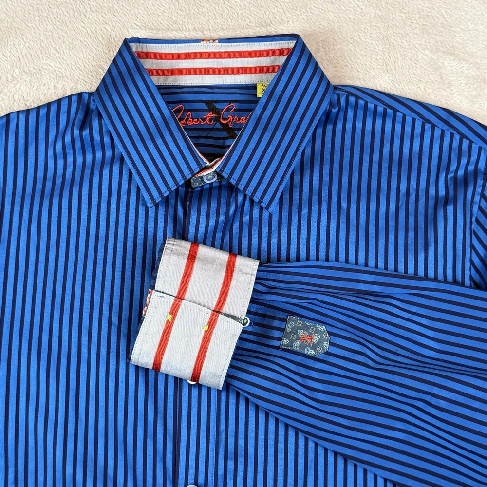 Robert Graham Dress Shirt Mens XL Blue Stripe Slim Fit Contrast Cuff Long Sleeve